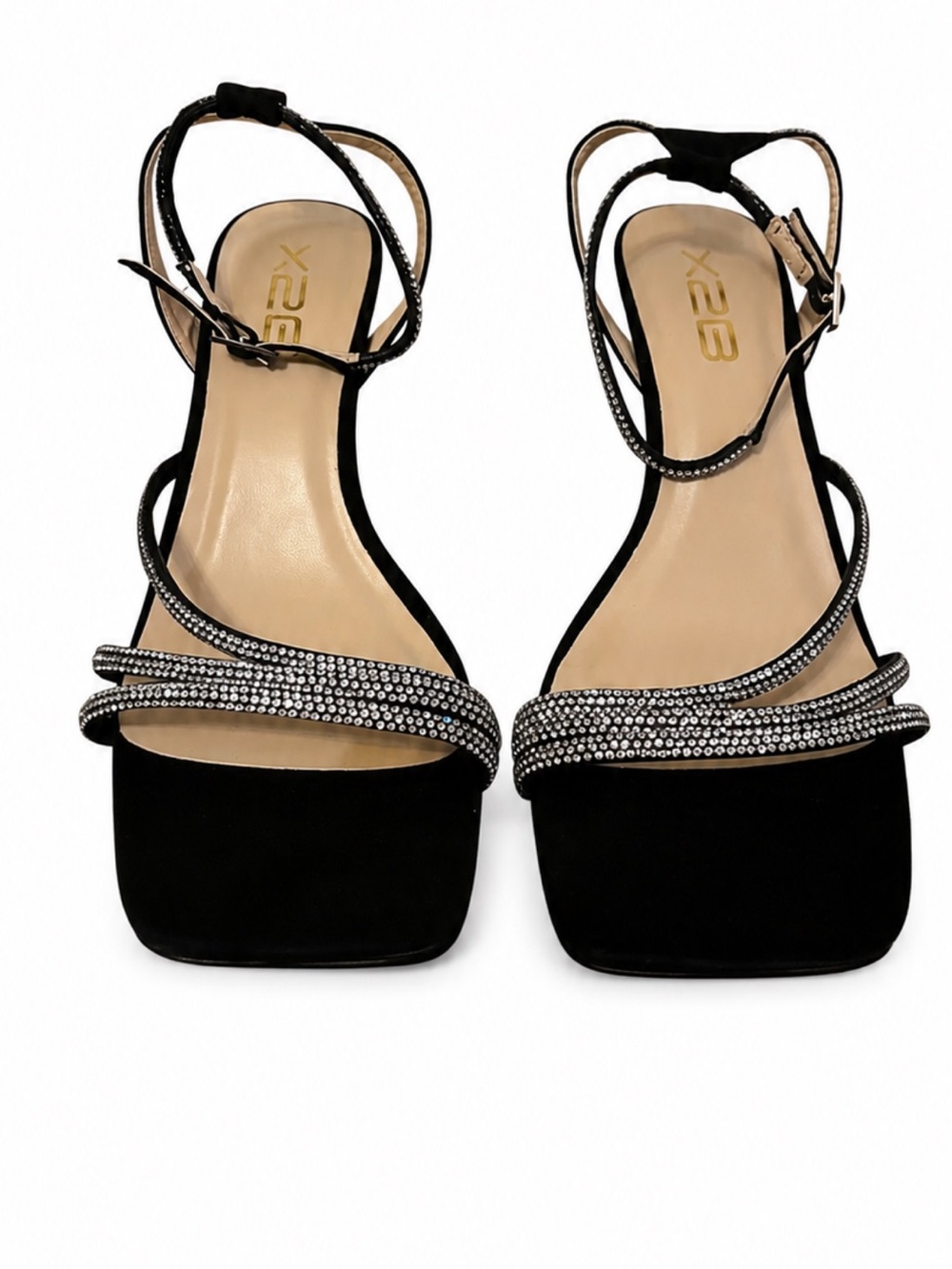 X2 Black Crystal-Strap Heeled Sandals
